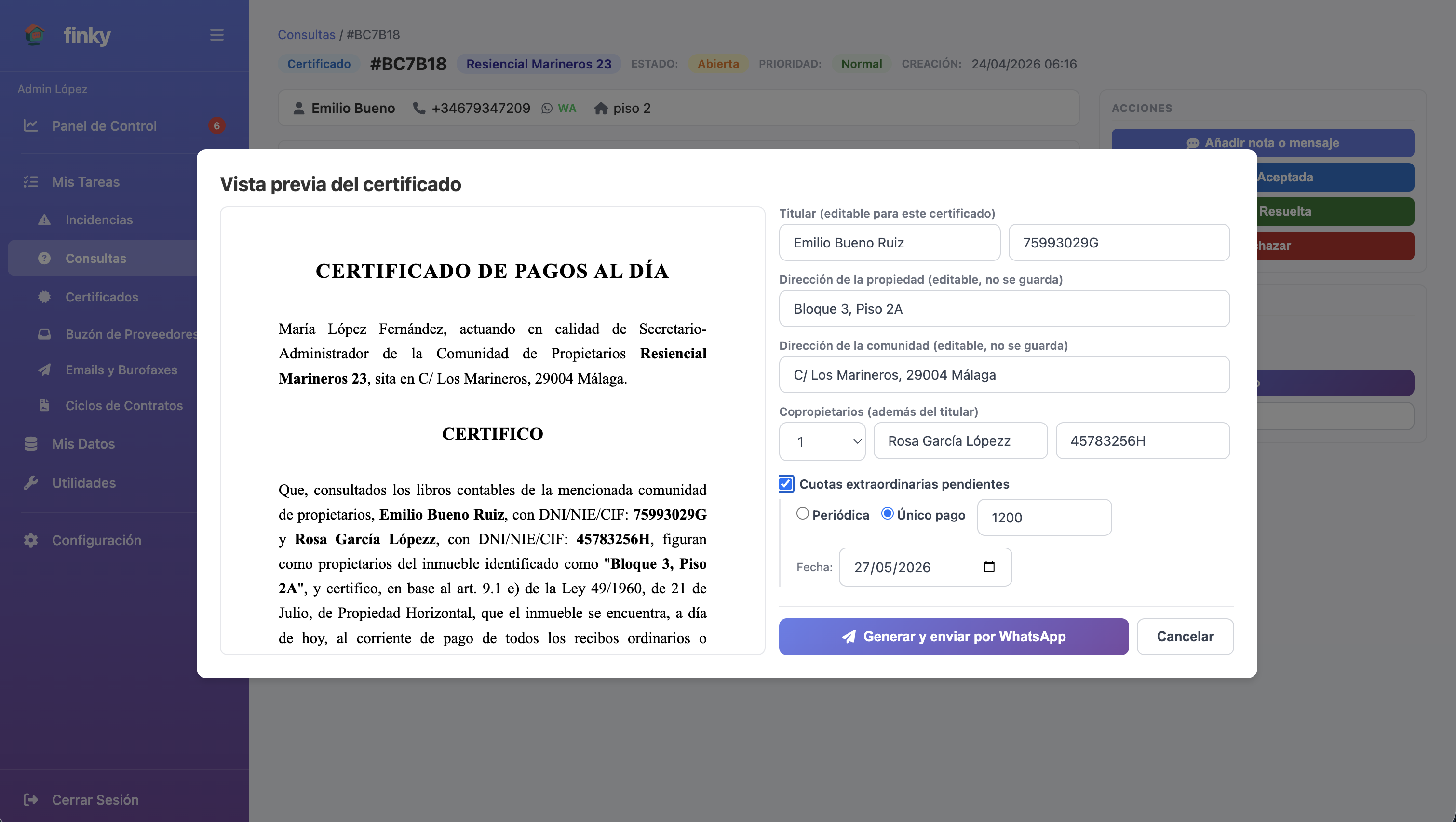 Modal de vista previa del certificado de deudas con el PDF a la izquierda y los campos editables (titular, direcciones, expropiantes, cuotas pendientes, fecha) a la derecha