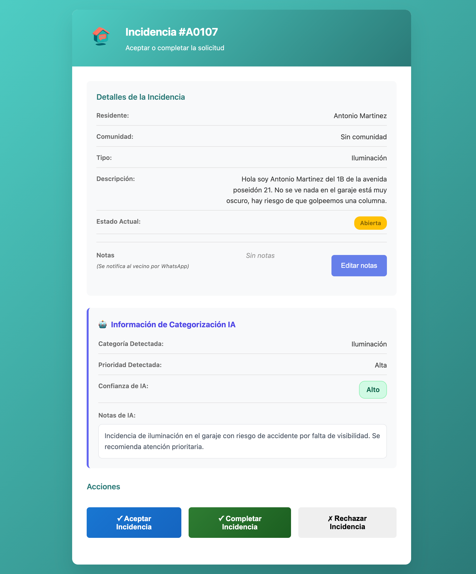 Vista detallada de una incidencia