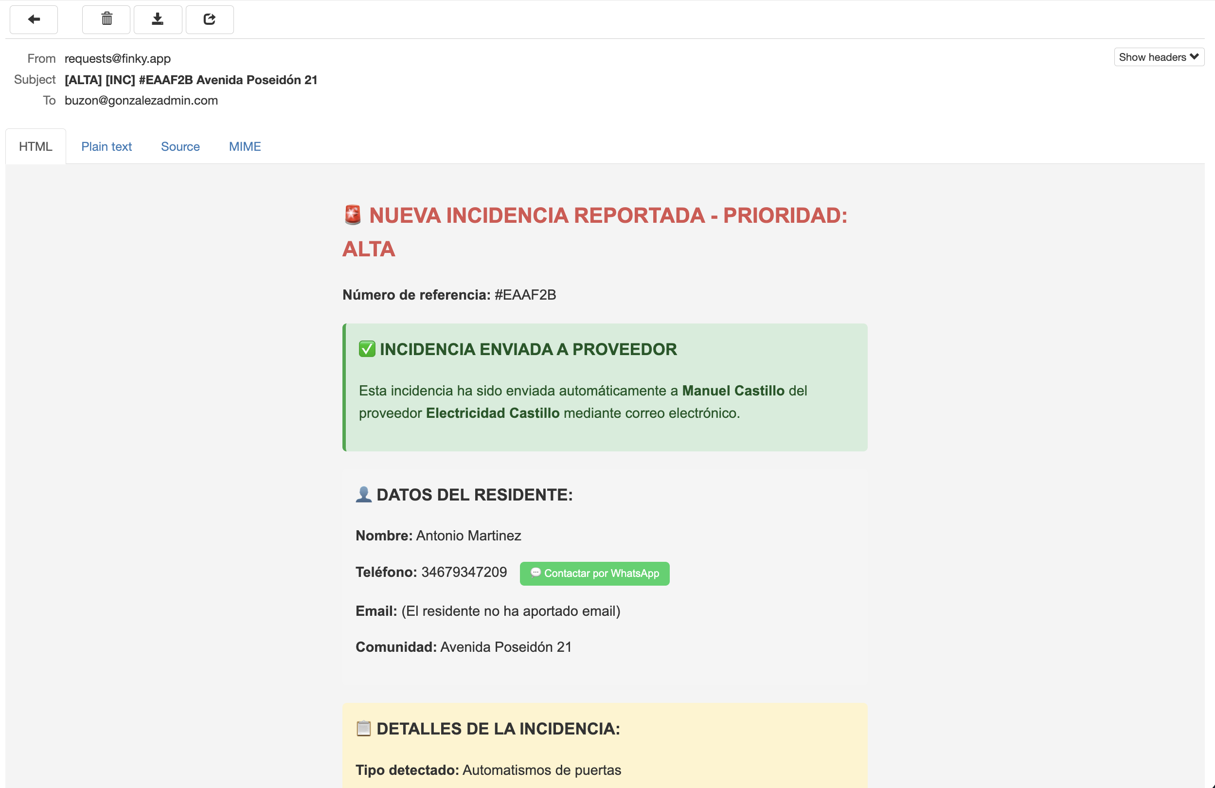 Email de notificación al administrador mostrando información de redirección al proveedor