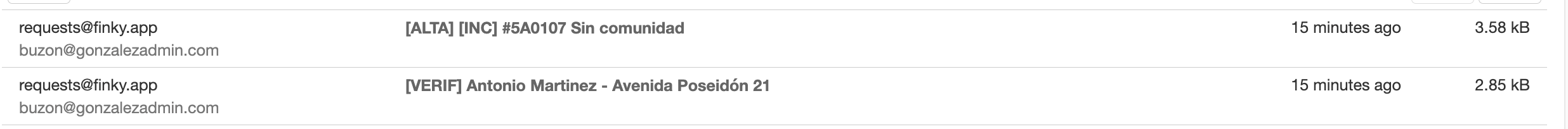 Dos emails recibidos: solicitud de incidencia y solicitud de verificación