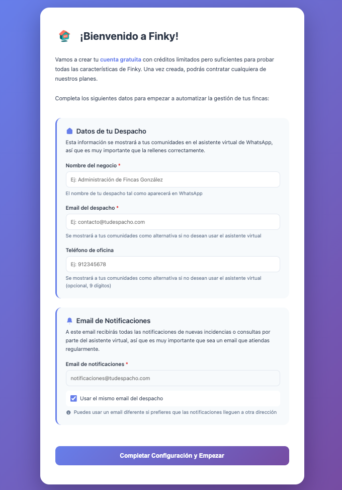 Formulario de datos del despacho en Finky