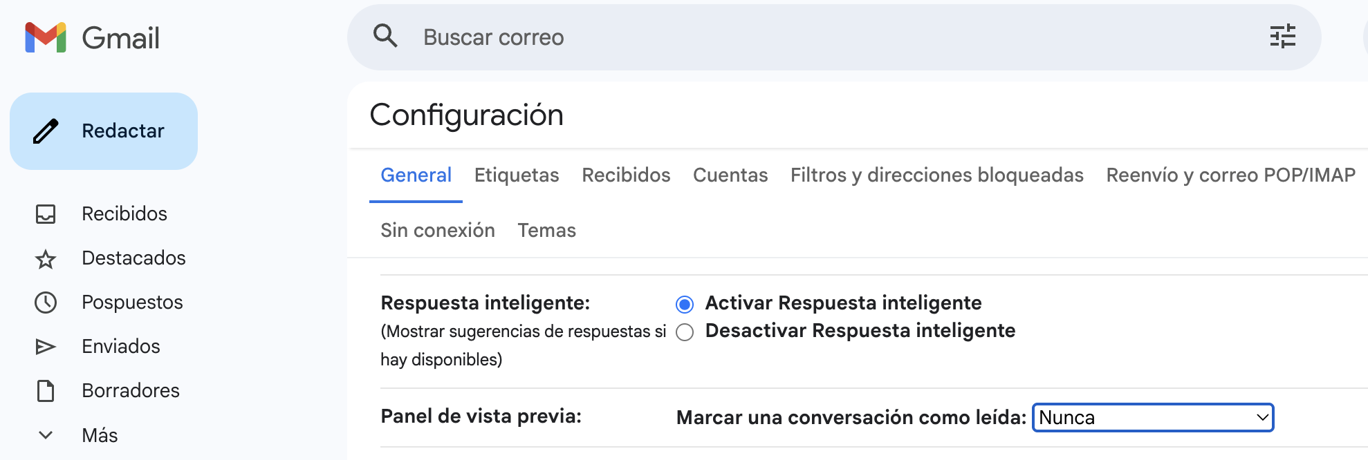 Configuración de Gmail para nunca marcar como leído automáticamente