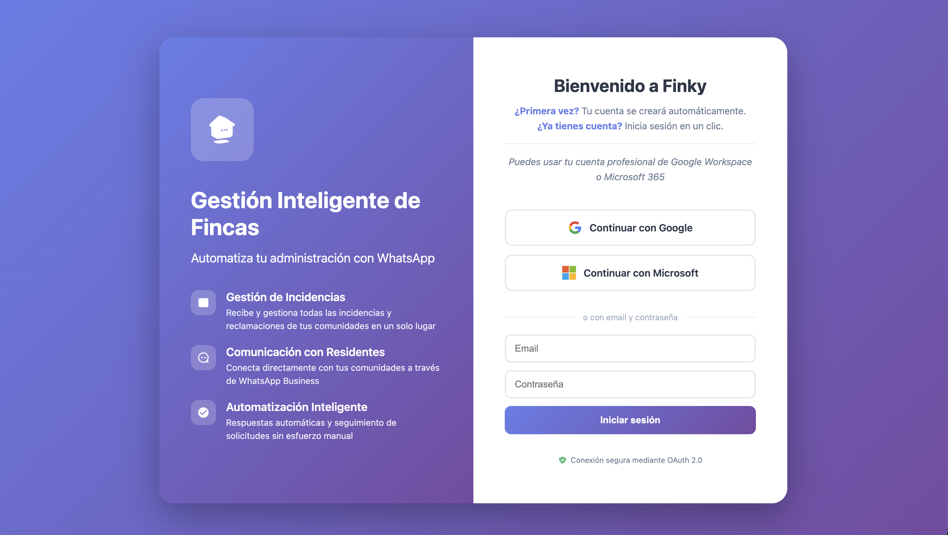 Pantalla de inicio de sesión de Finky con OAuth Google, OAuth Microsoft y login por email y contraseña