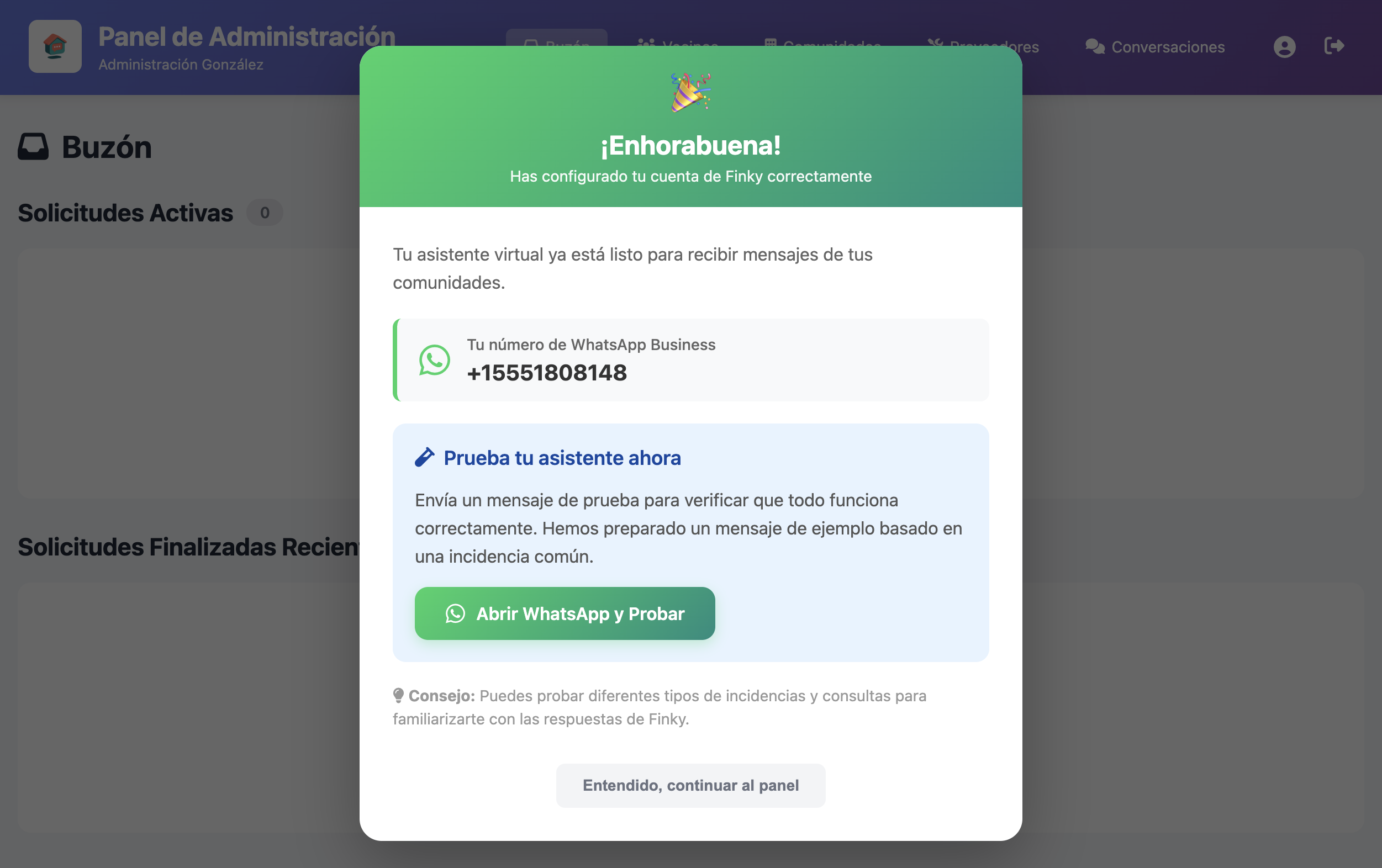 Modal de confirmación tras completar la configuración de WhatsApp