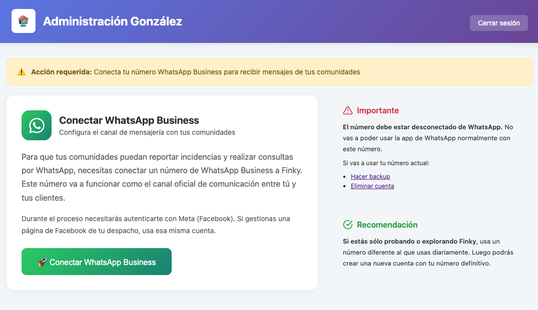 Pantalla de onboarding para conectar WhatsApp Business