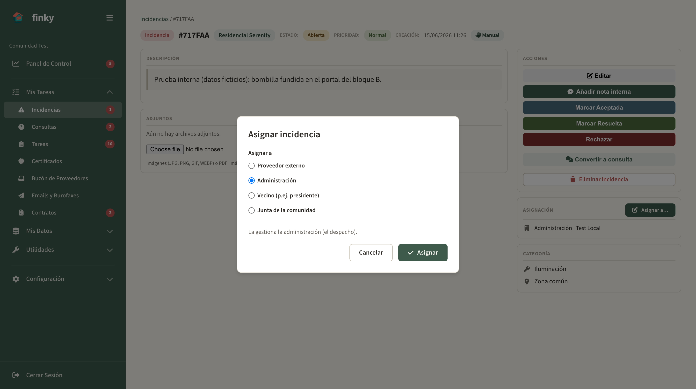 Diálogo de asignación de una incidencia con las cuatro opciones