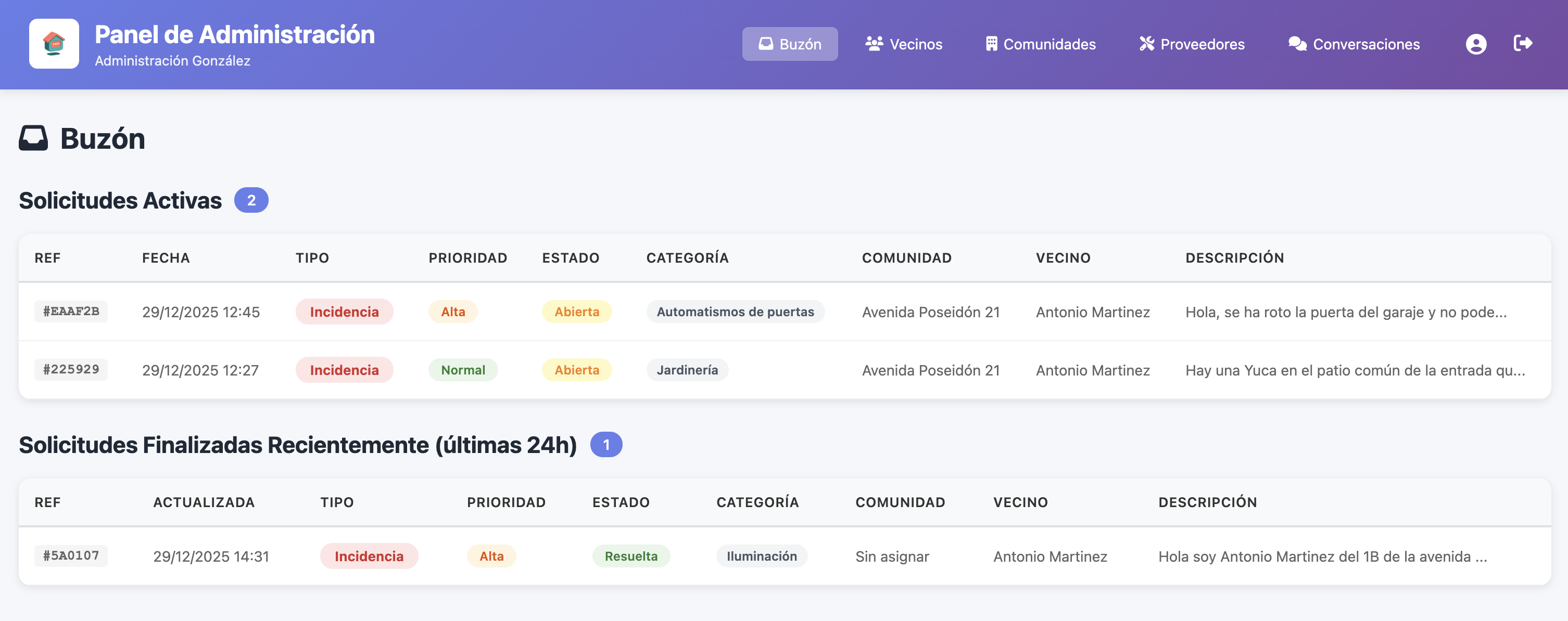 Buzón de incidencias en el panel de administración