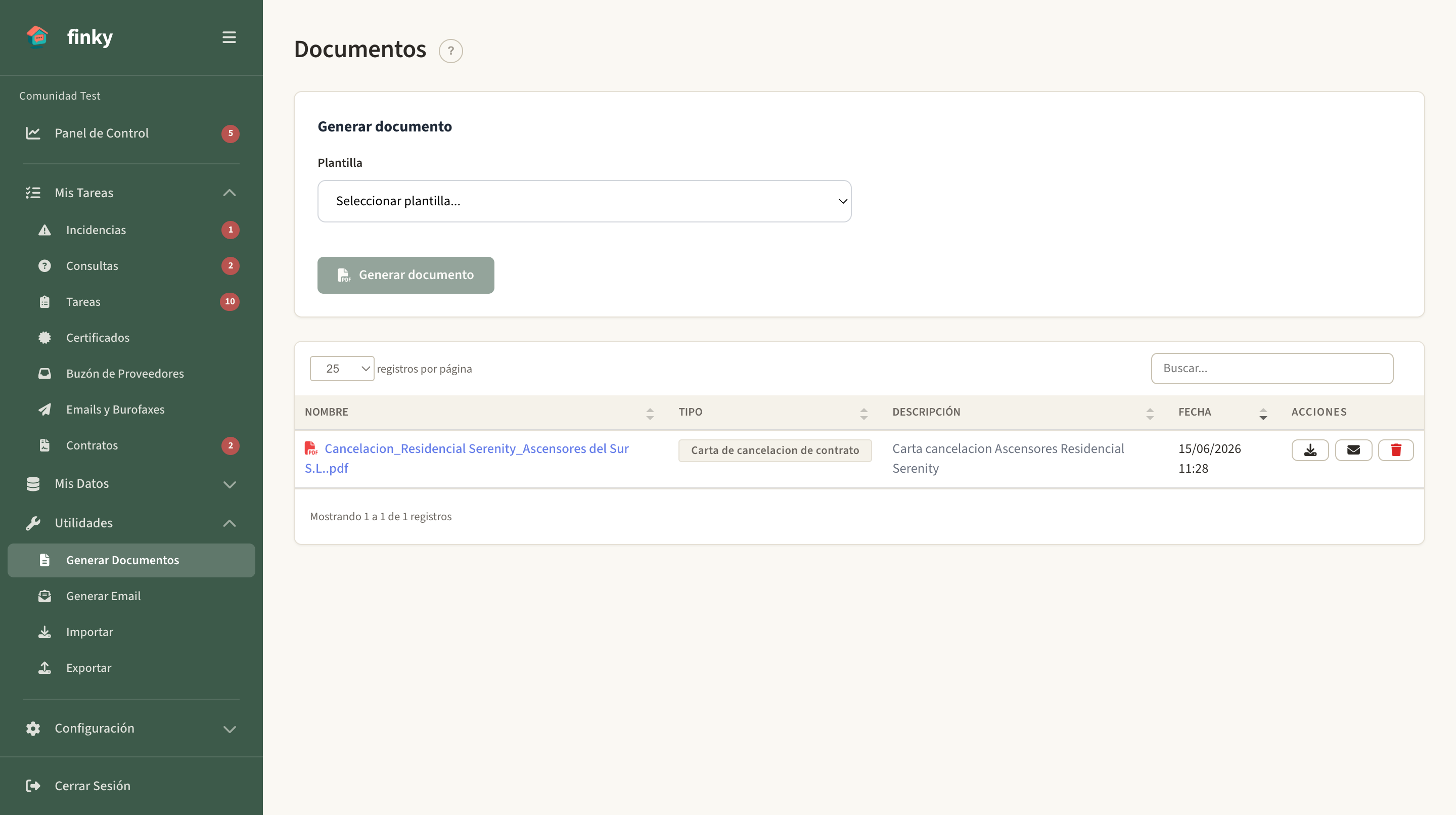 Generador de documentos con el selector de plantilla y la vista previa