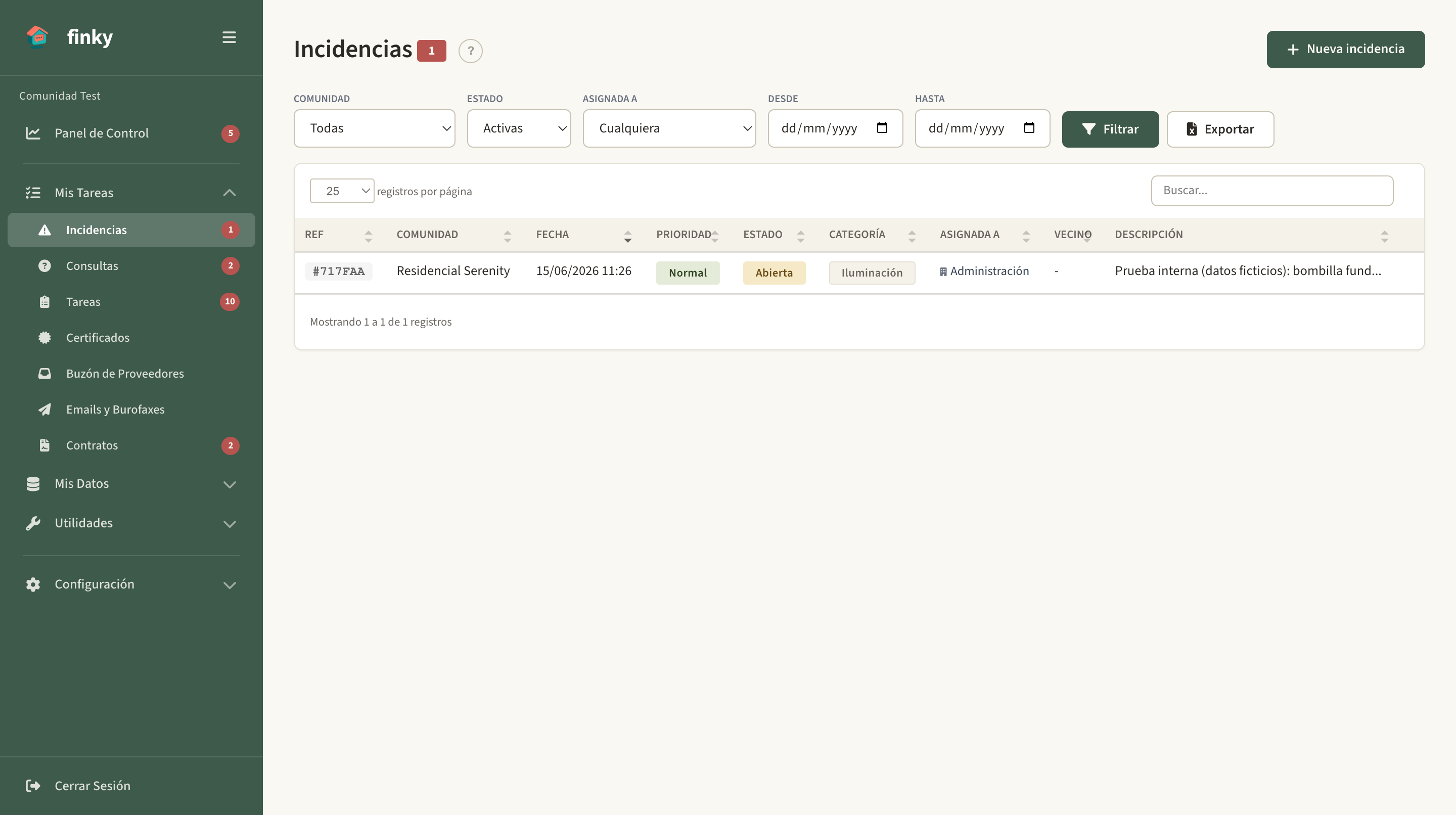 Barra de filtros del listado de incidencias