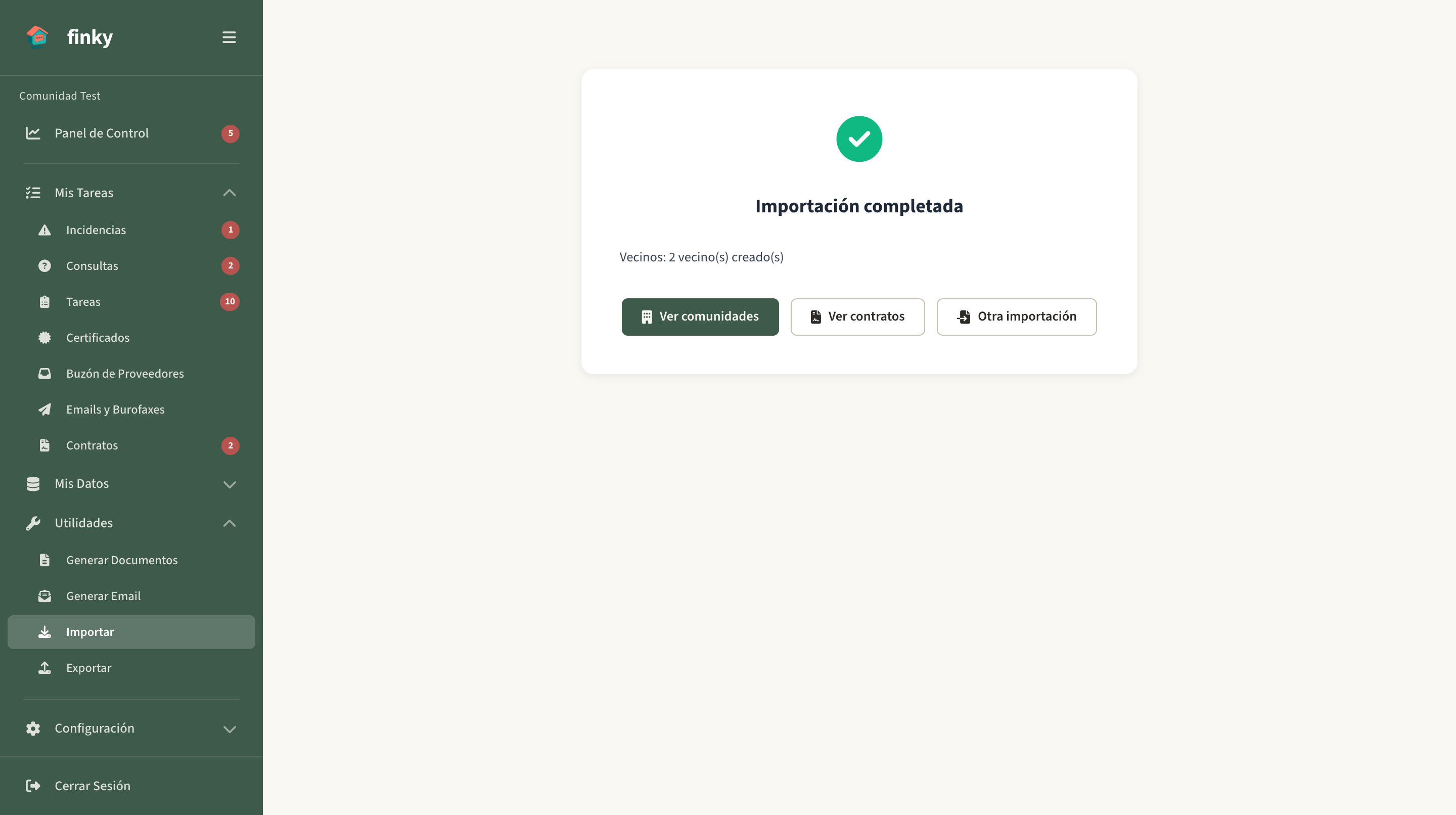 Pantalla de importación completada con el resumen por pasos
