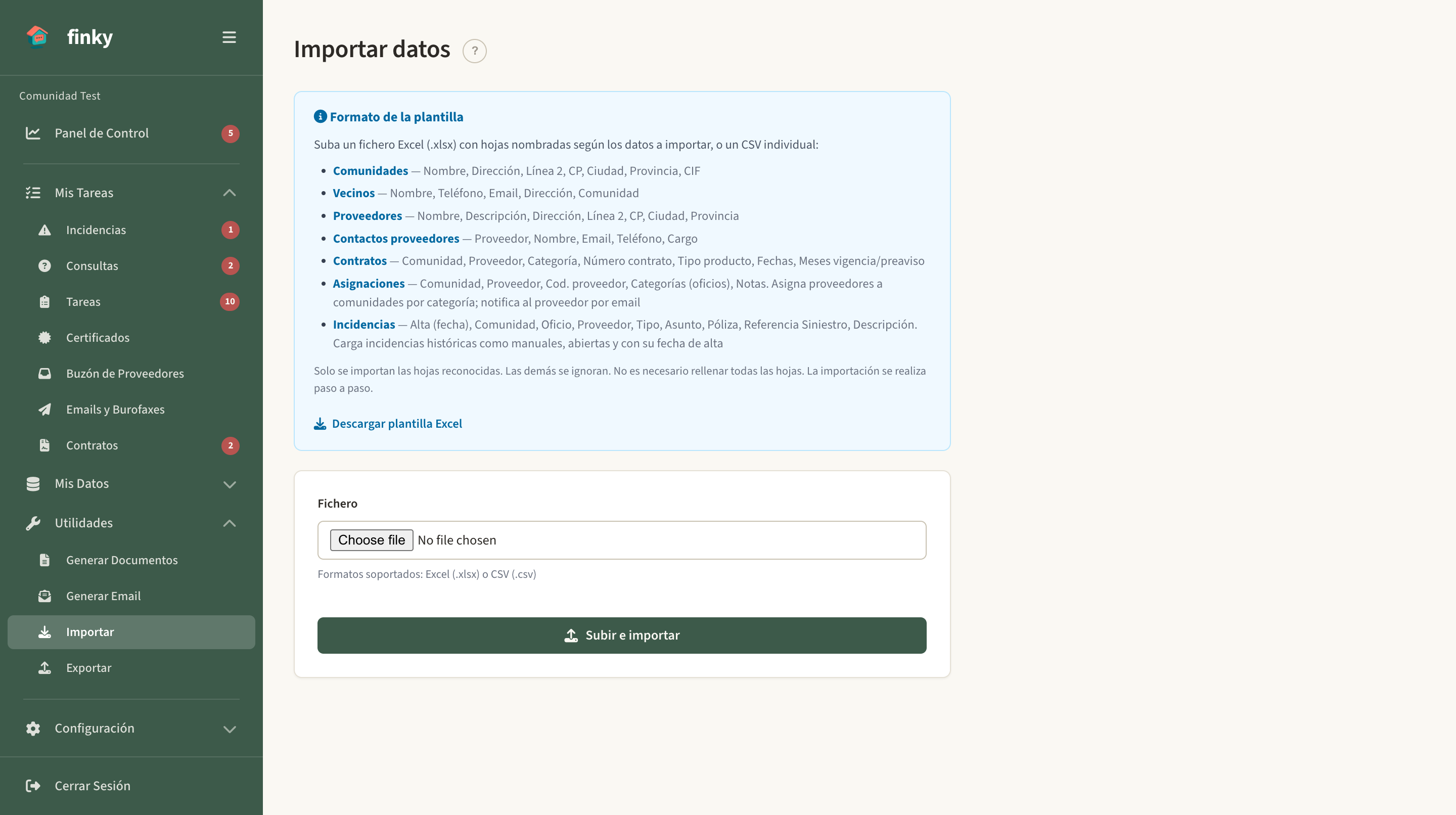 Pantalla inicial del asistente de importación de datos