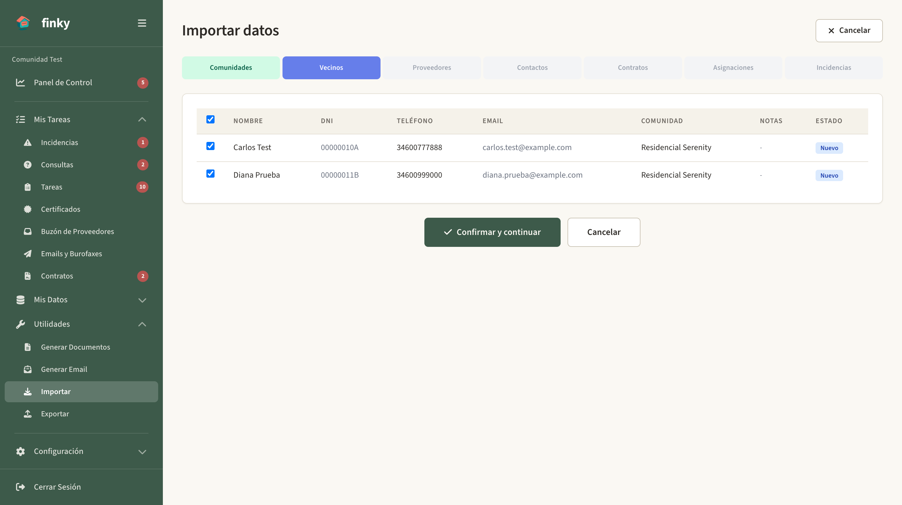 Previsualización de un paso de importación con el matching y las casillas de inclusión