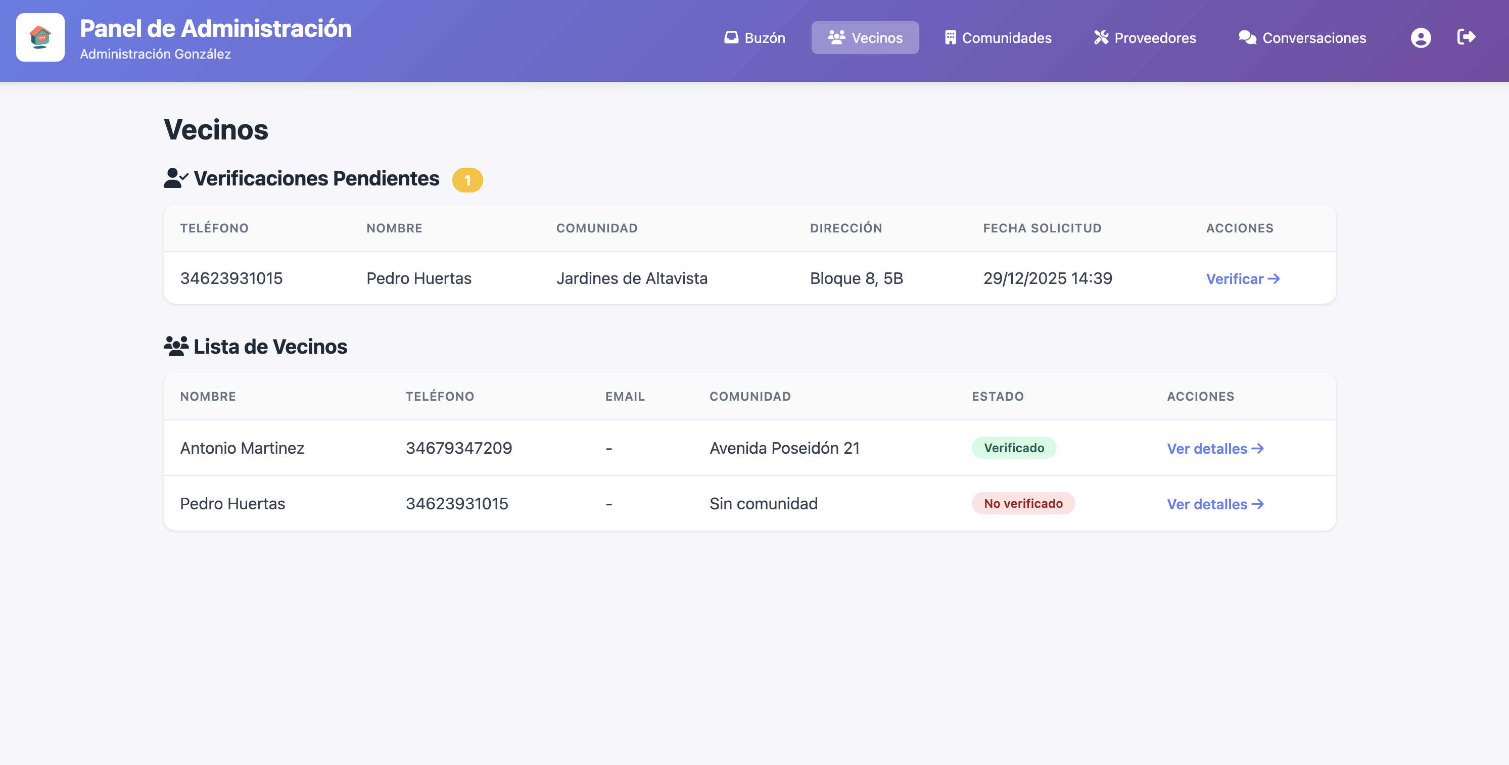 Panel de gestión de vecinos