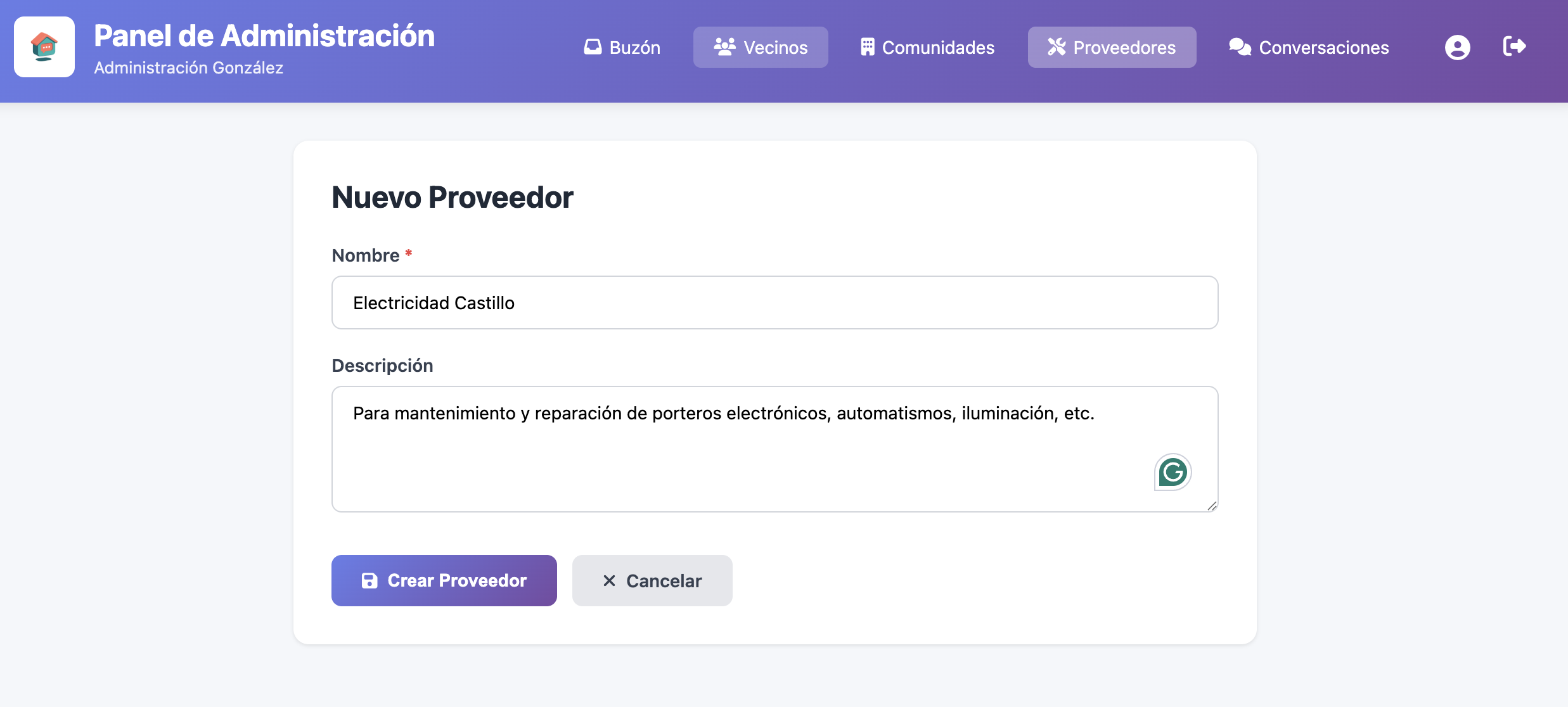 Formulario de nuevo proveedor