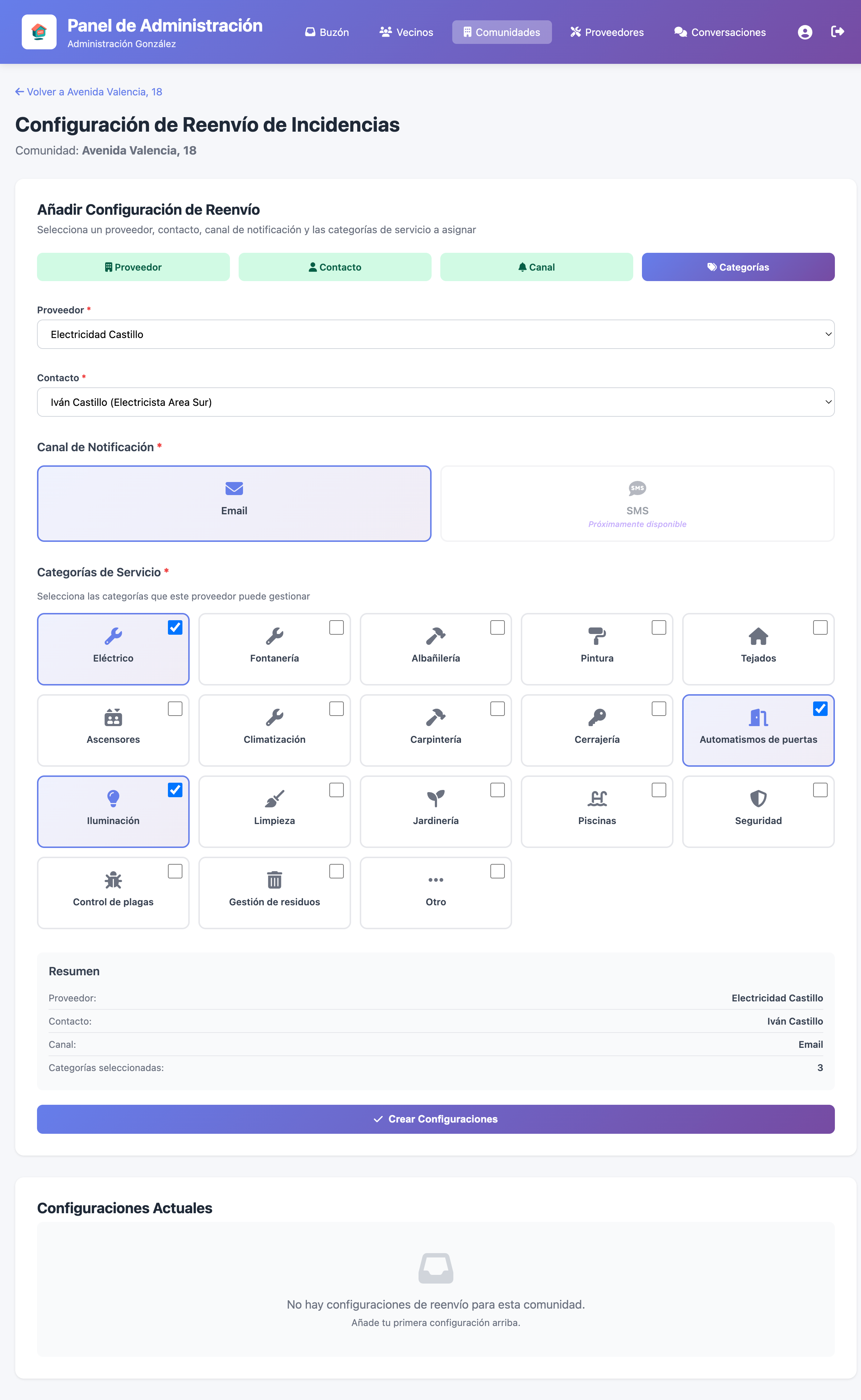 Formulario de configuración de reenvío de incidencias