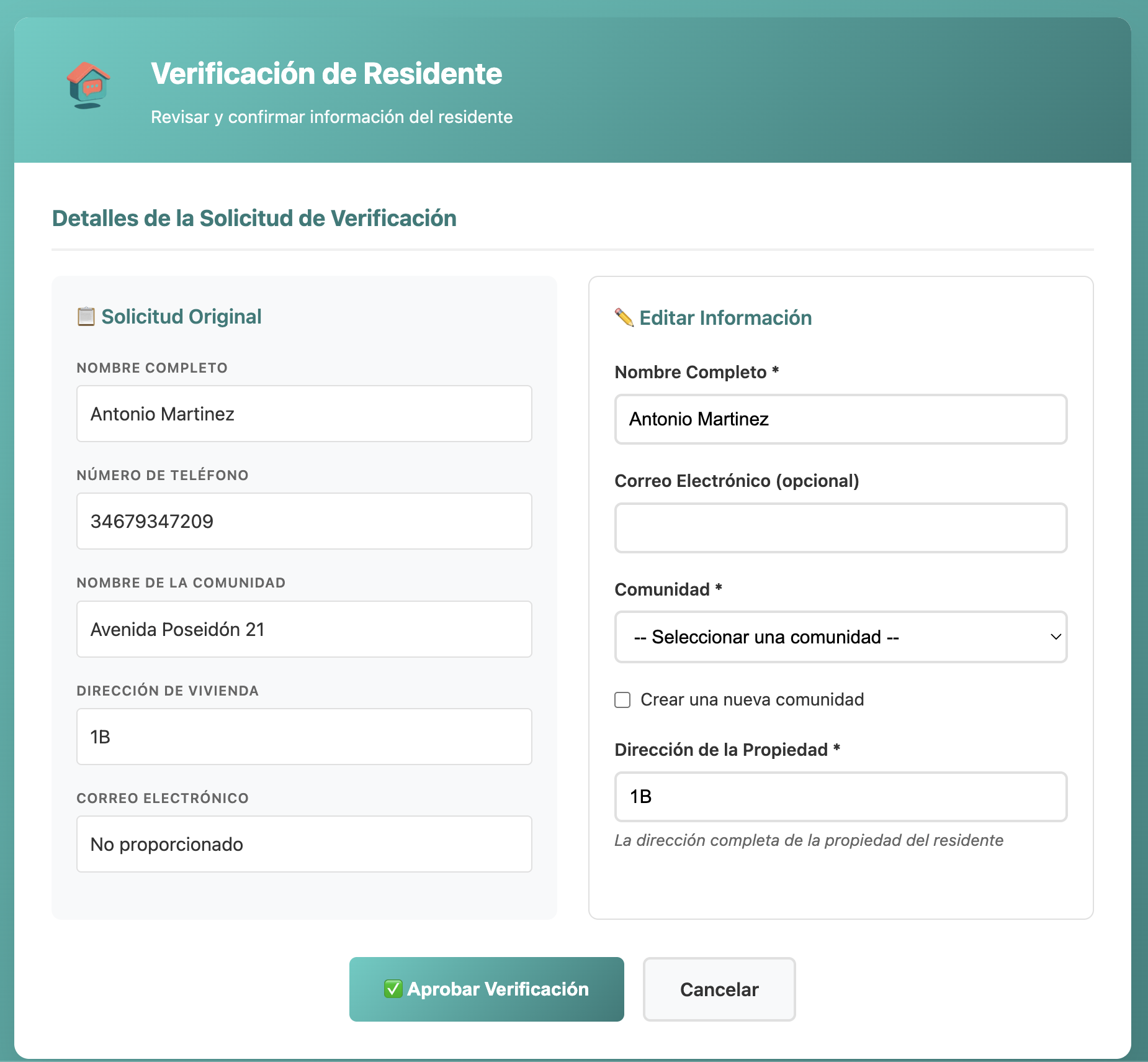 Interfaz de verificación de residente en el panel de administrador